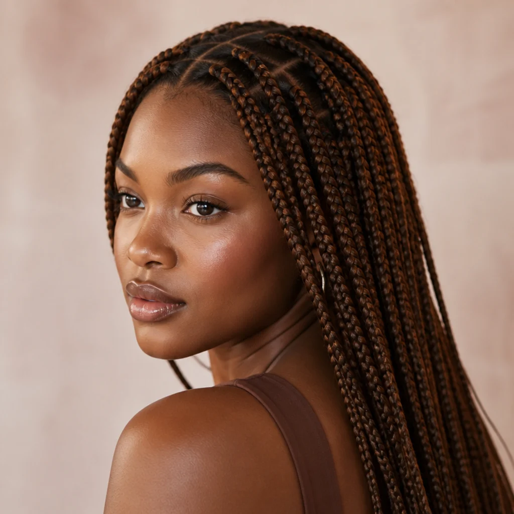 Black woman in three-quarter profile wearing medium jumbo knotless box braids in warm brown, clean square parts across the crown