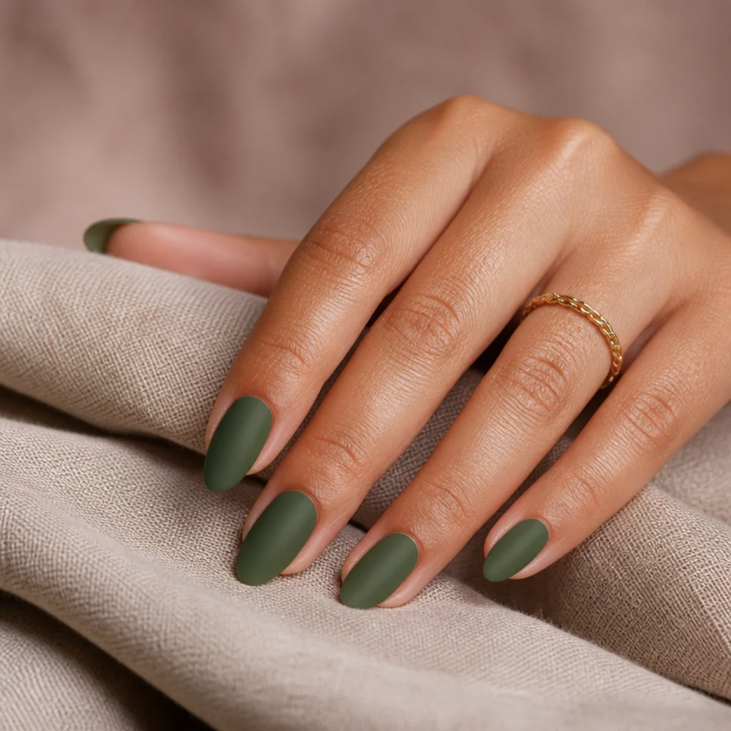 Almond nails in solid dark olive green with a flat matte topcoat, hands resting on taupe linen