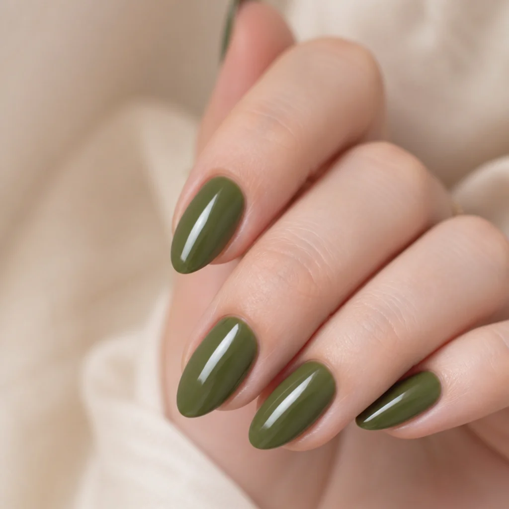Close-up of almond nails in glossy medium olive green with high-shine topcoat on fair skin