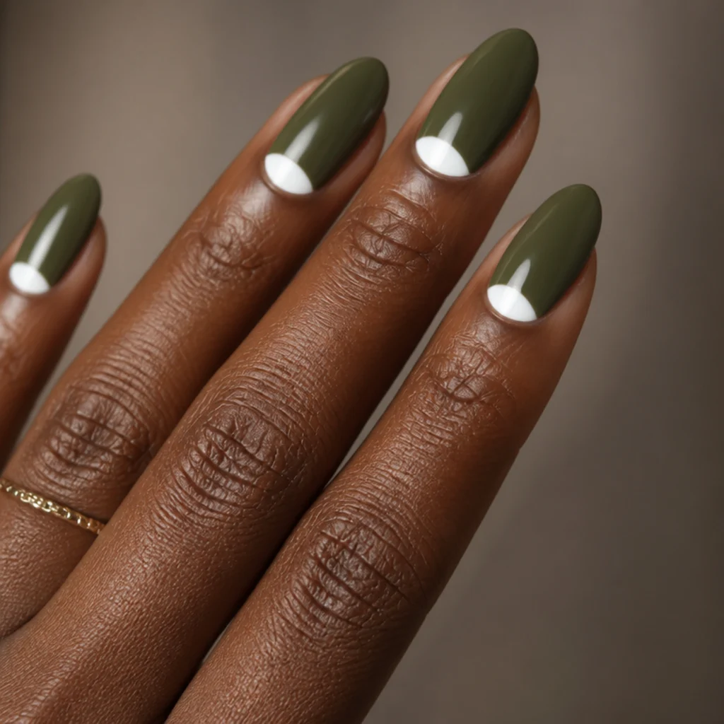 Almond nails with dark olive green and a white half-moon at the base, retro-inspired styling