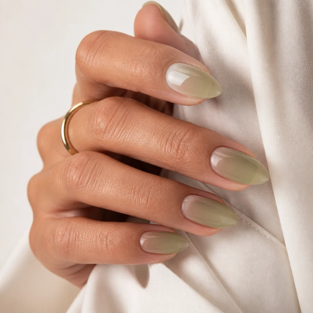 Almond nails in soft light olive green sheer wash, natural and understated on medium skin