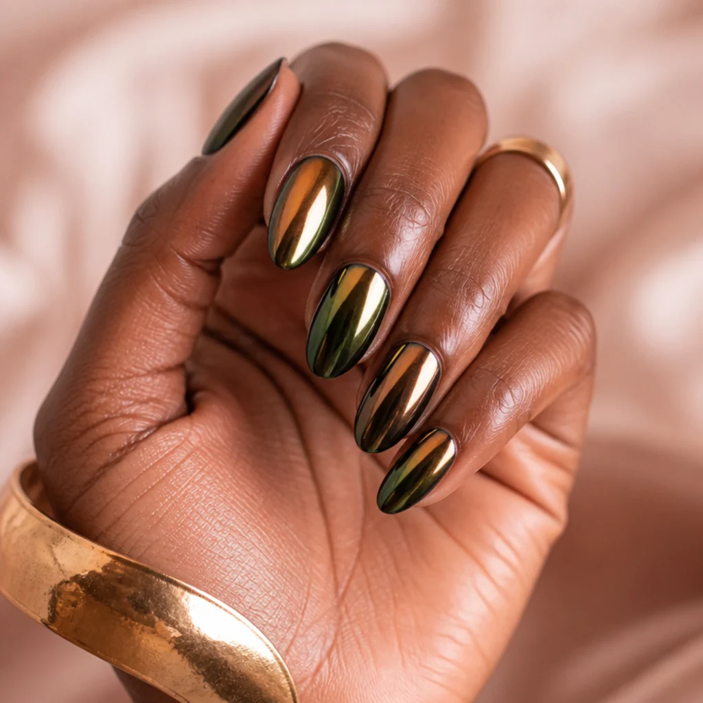 Almond nails with olive green base and metallic chrome mirror finish catching studio light