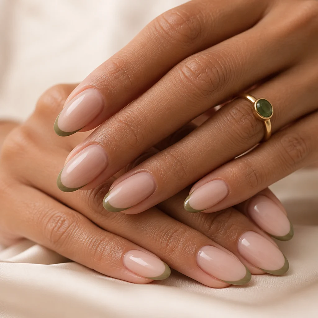 Almond nails with a thin olive green French tip over a nude base, minimalist styling