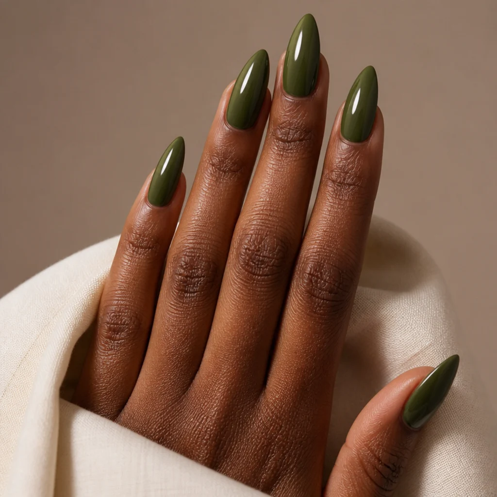 Long almond acrylic nails in rich olive green with structured tapered tips on deep skin