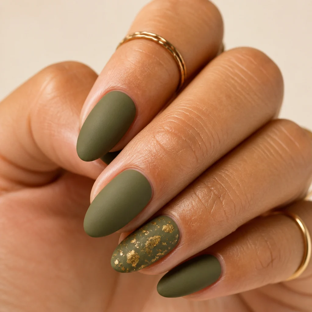 Almond nails in matte olive green with a single gold foil accent nail, editorial macro shot