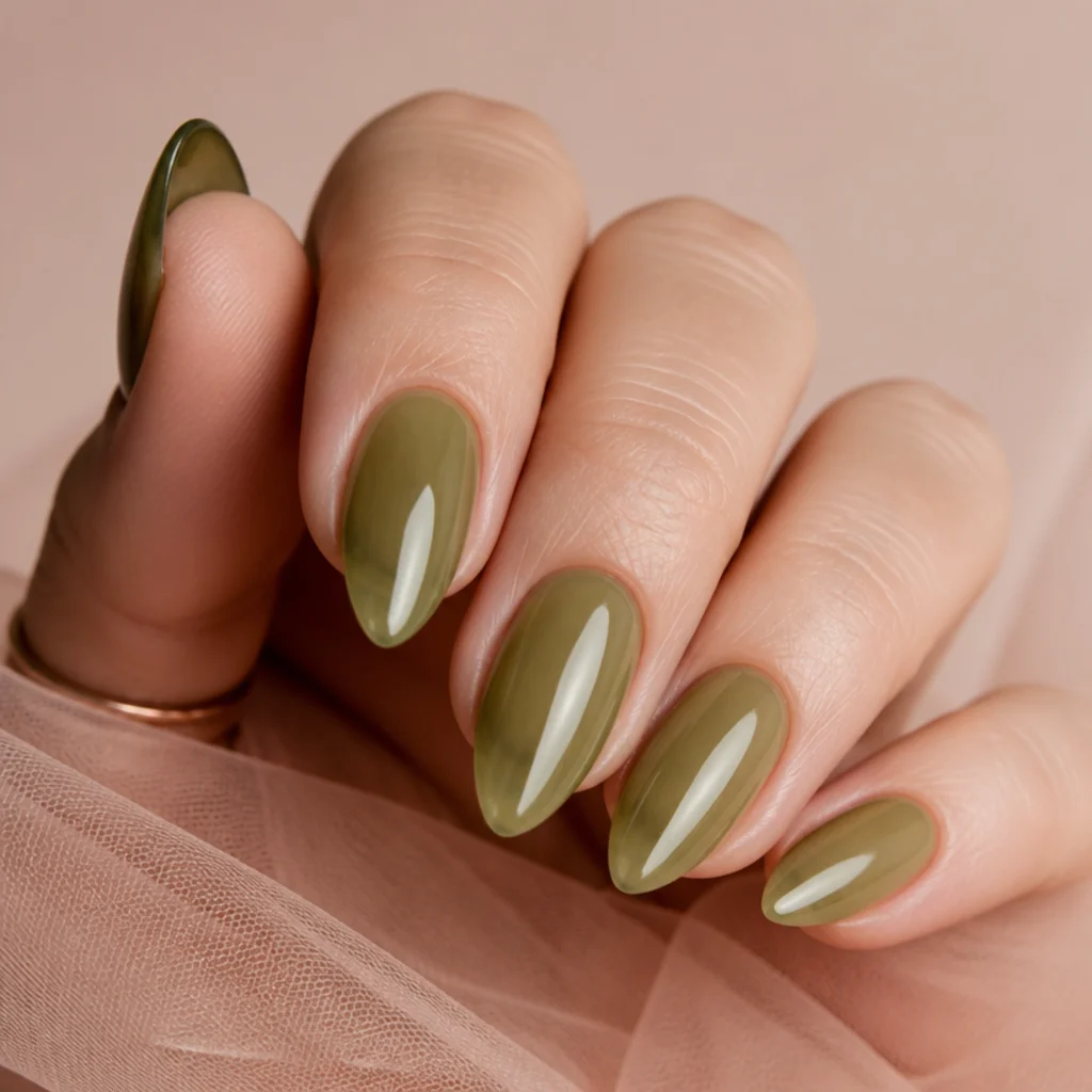 Almond nails in translucent jelly olive green with a squishy glossy look on light skin