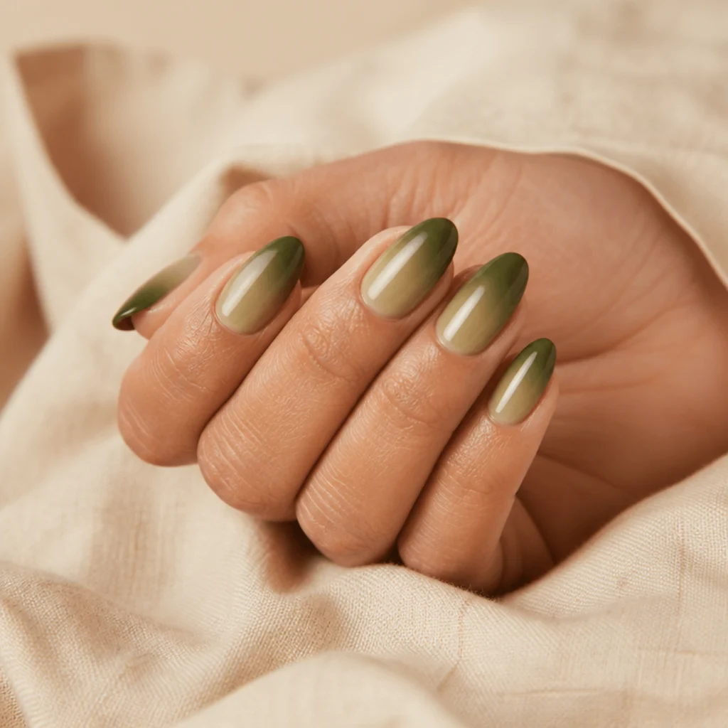 Almond nails with a smooth ombre from pale olive at the cuticle to deep olive at the tip