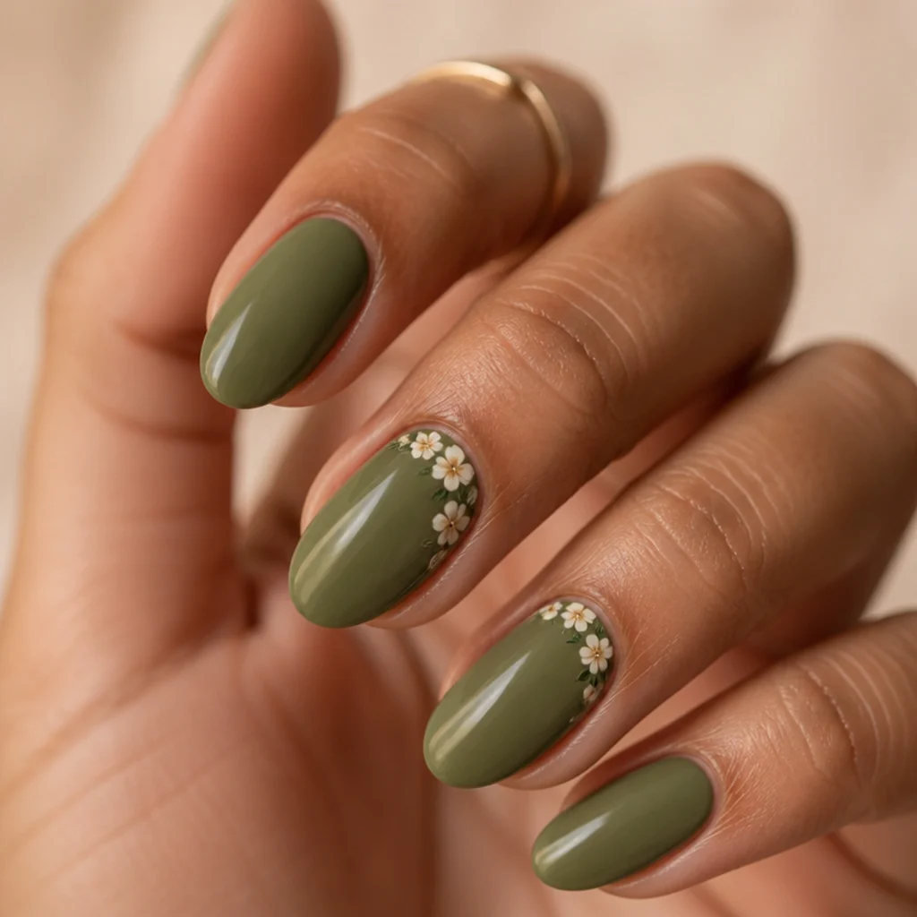 Almond nails in olive green with tiny hand-painted cream and white florals near the cuticle