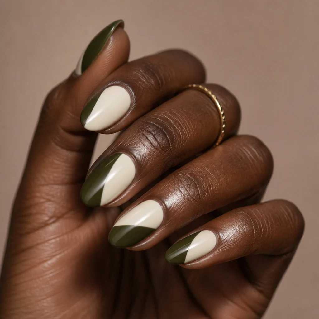 Almond nails split into deep olive and cream color blocks with a clean vertical divide