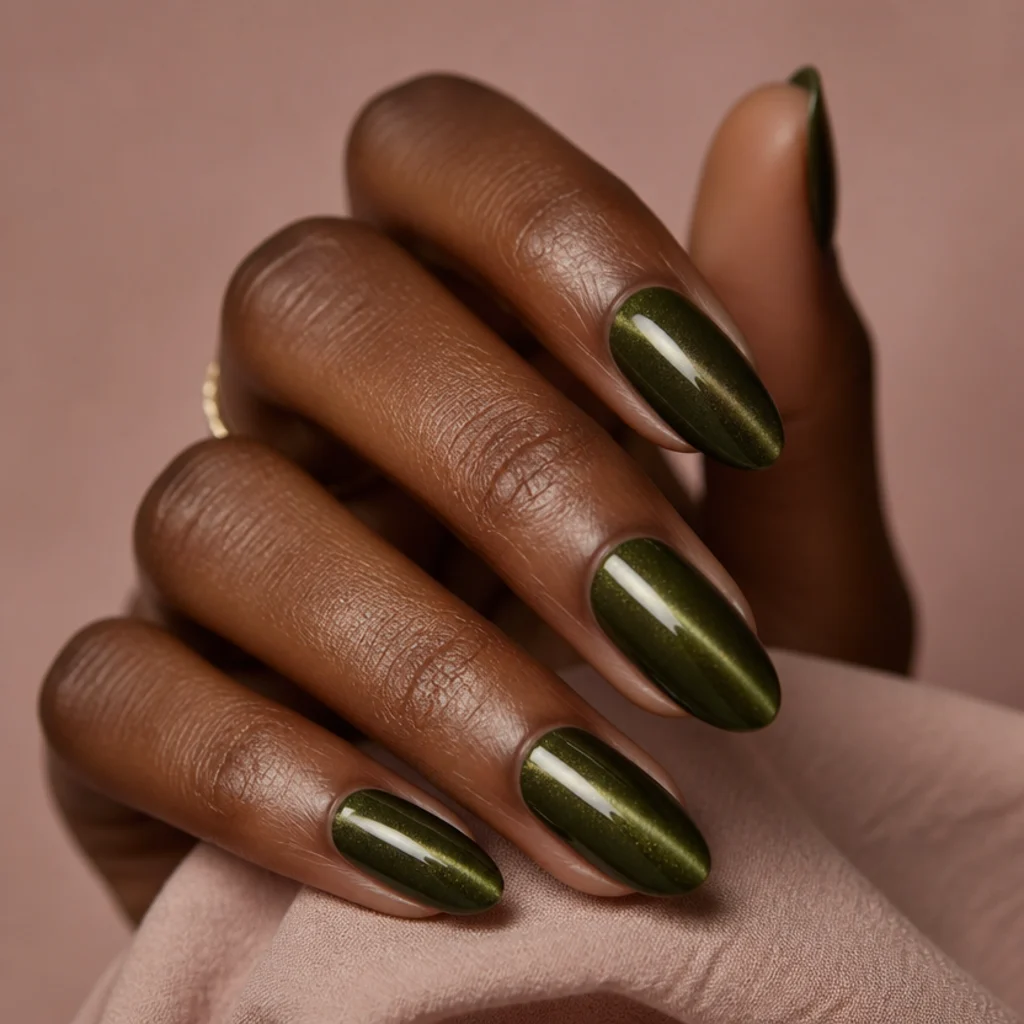 Almond nails in olive green with a magnetic velvet cat-eye shimmer running down each nail