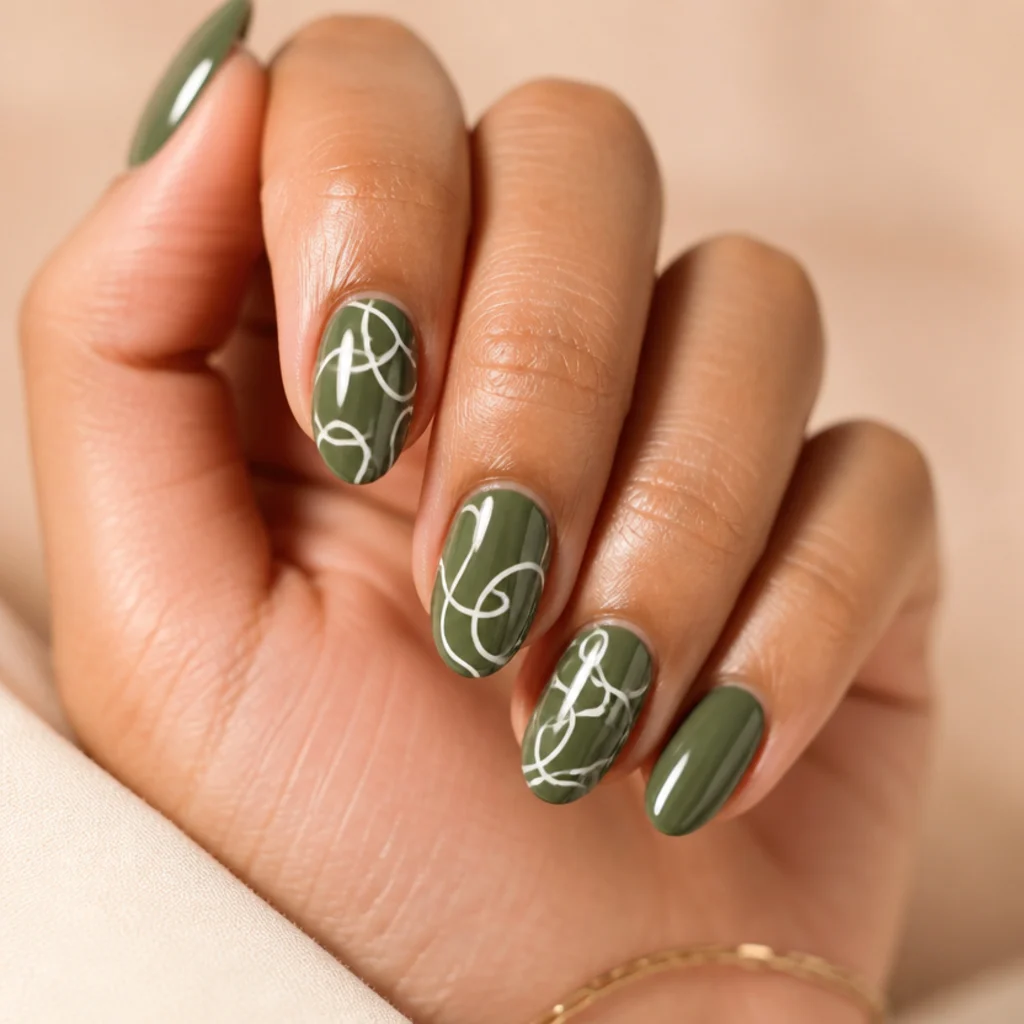 Almond nails with freehand white swirls over an olive green base, playful abstract design