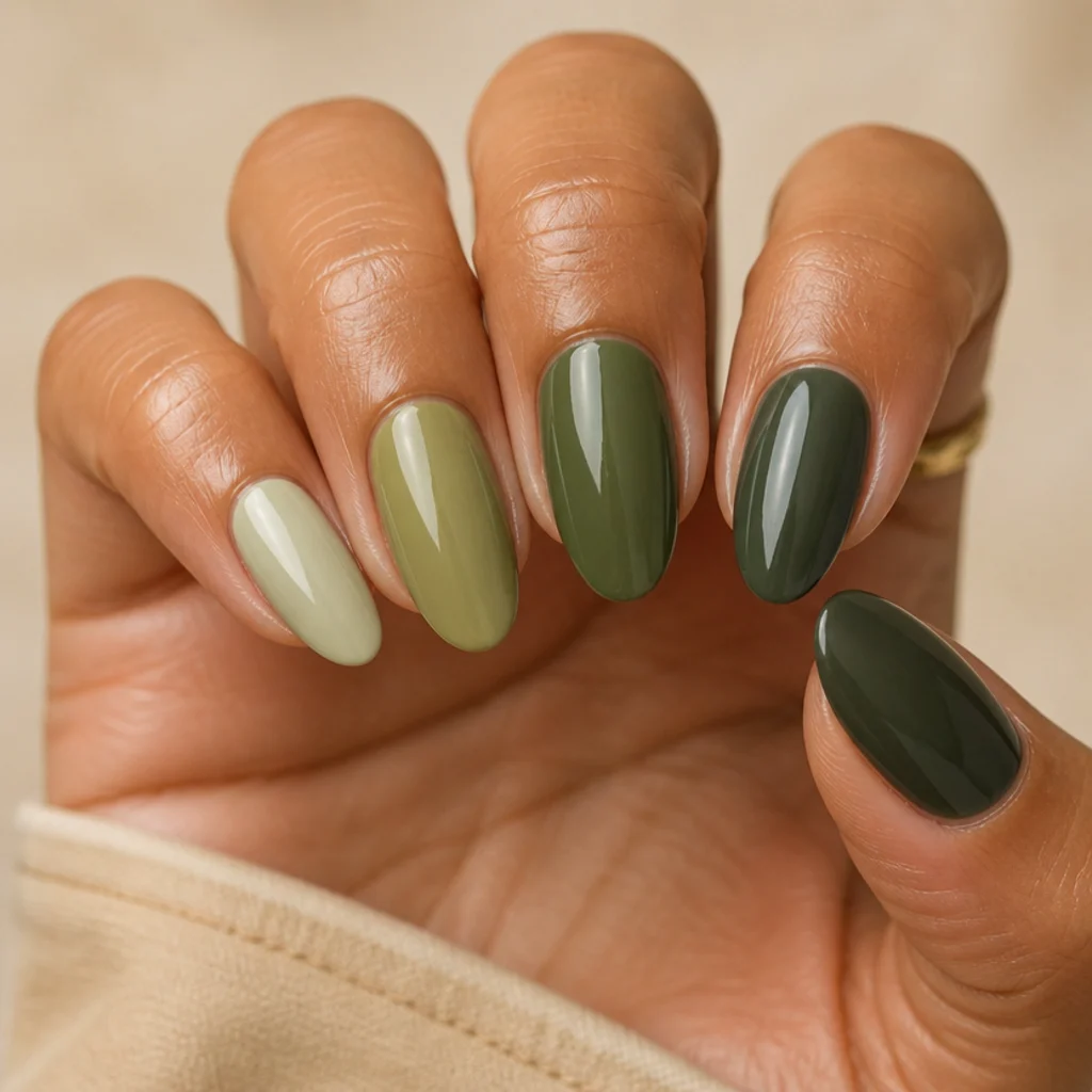 Five almond nails each a different shade from sage to deep olive in a tonal gradient set