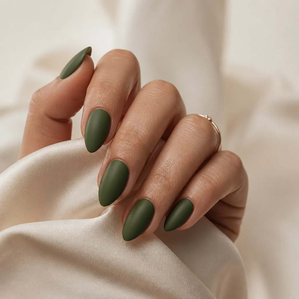 Almond nails painted in dark olive green with a soft matte finish on a warm ivory background