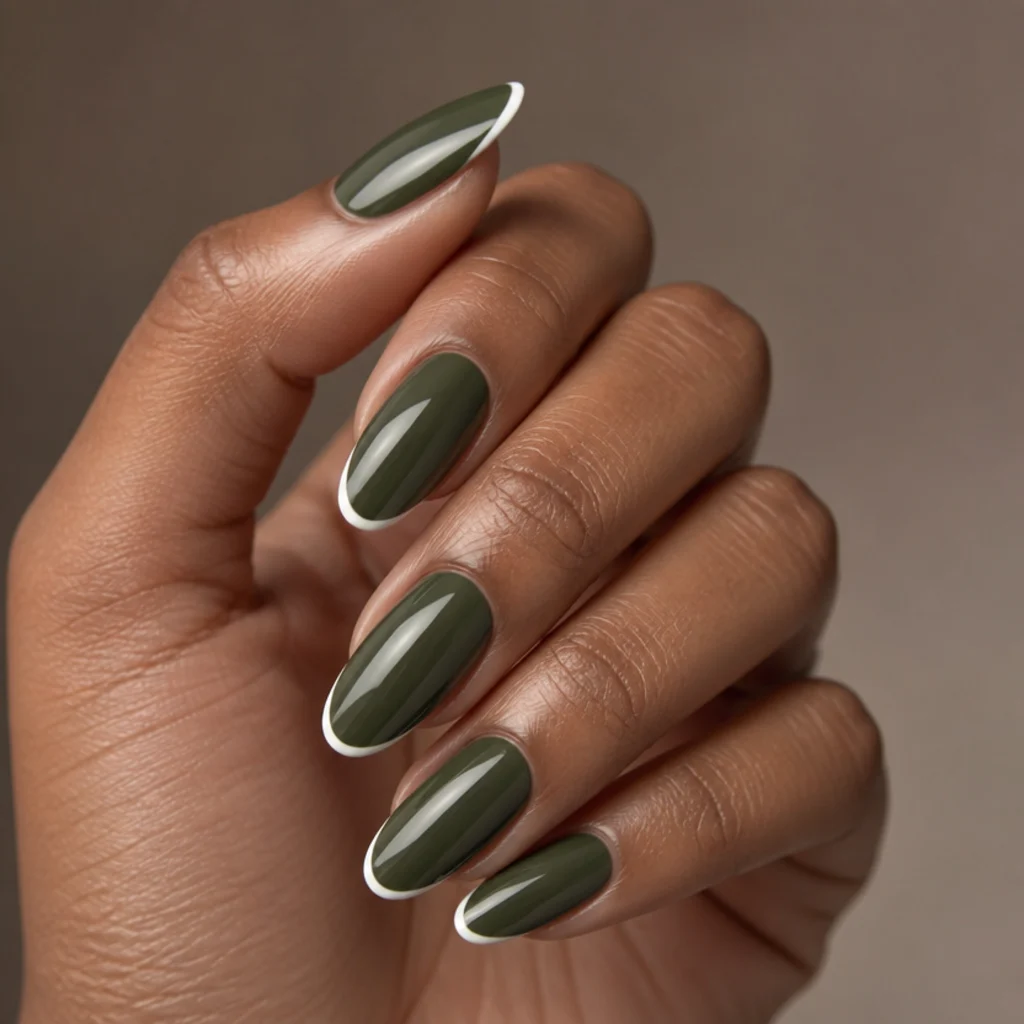 Medium-length almond nails in dark olive green with thin clean white French tips, glossy finish, editorial macro
