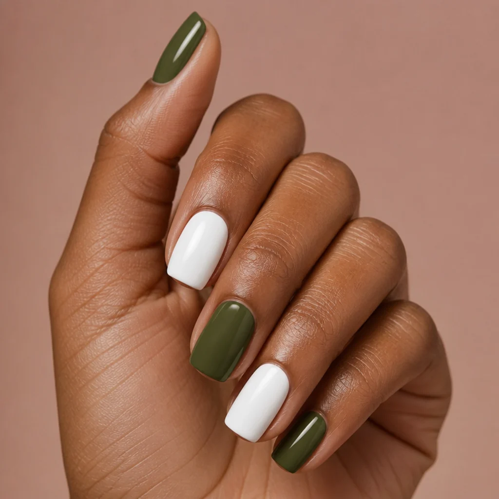 Squoval nails color-blocked in solid olive green and solid white with clean straight lines, glossy finish