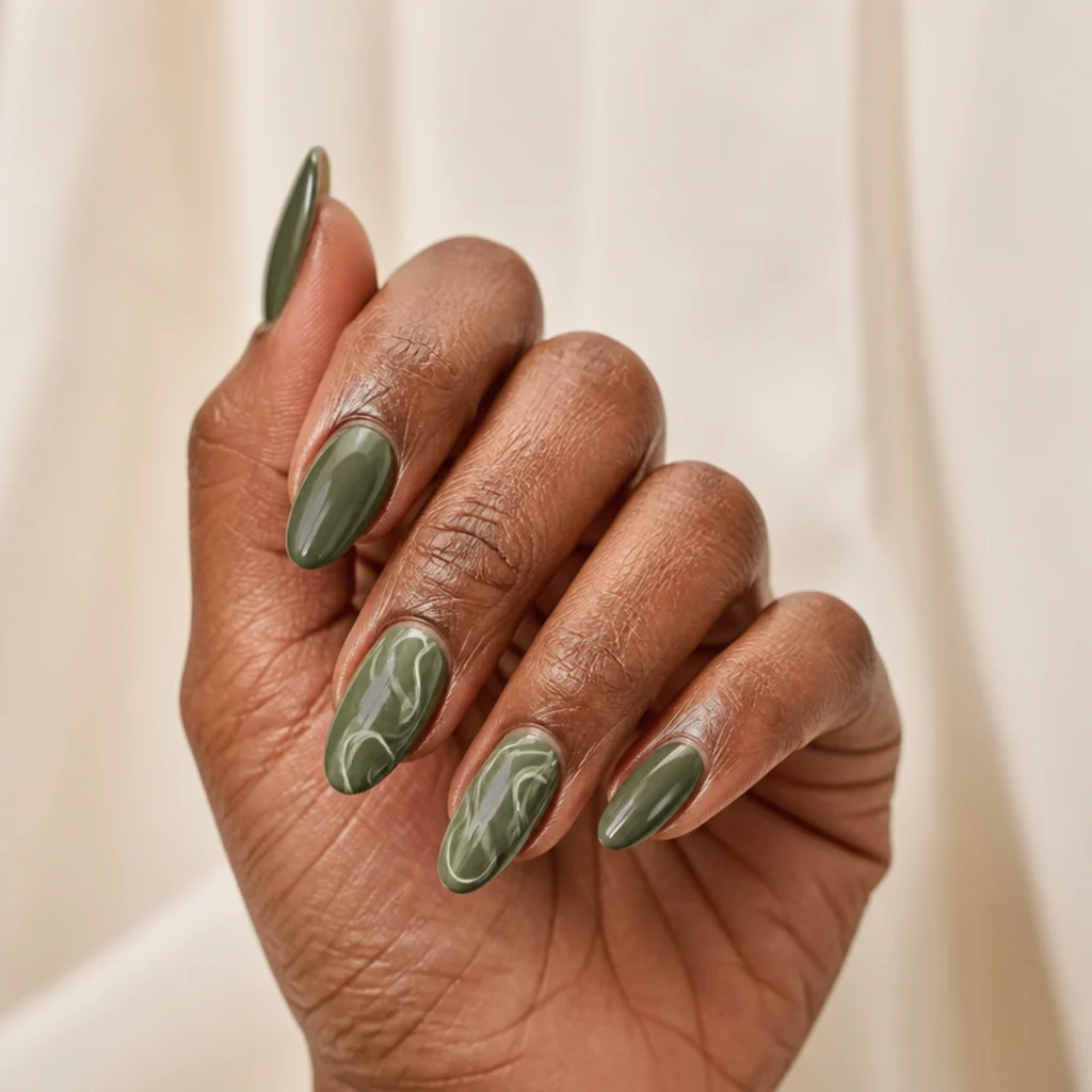 Long olive green almond nails with soft freehand white swirl accents on two fingers, glossy finish