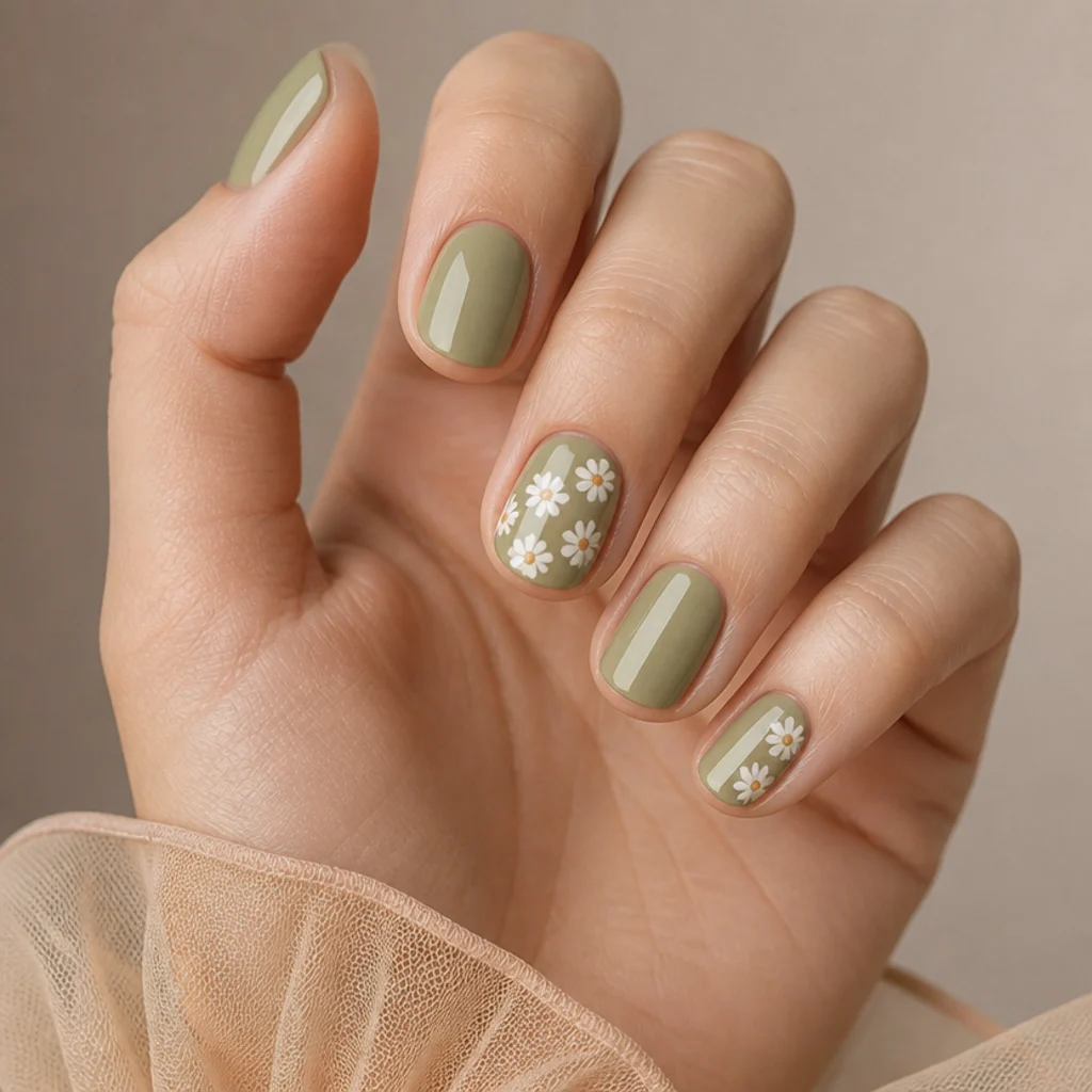 Short light olive green nails with tiny hand-painted white daisies and cream centers on two accent nails