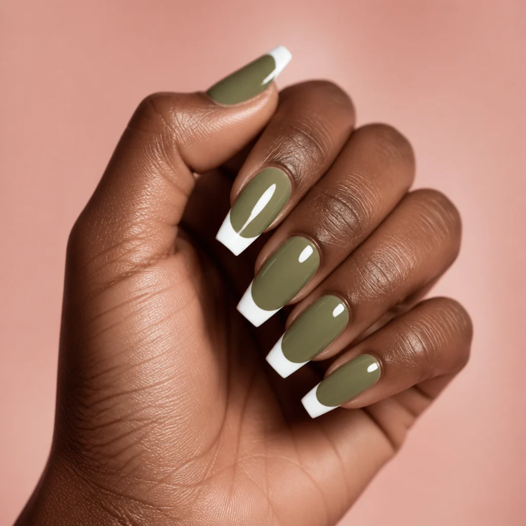 Medium-length olive green acrylic nails with bright crisp white tips, glossy finish, editorial macro