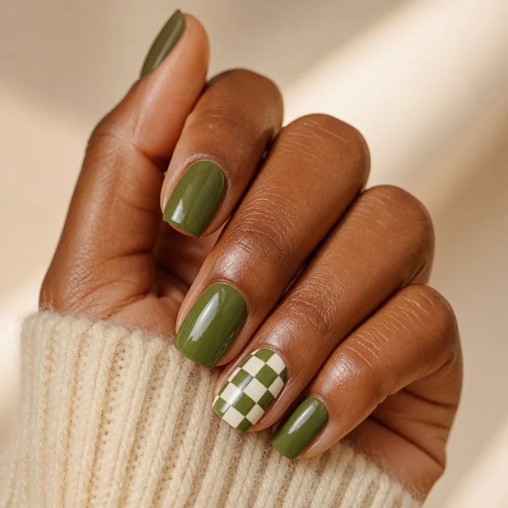 Olive and white checkerboard pattern on one accent nail with solid olive green nails alongside, glossy finish