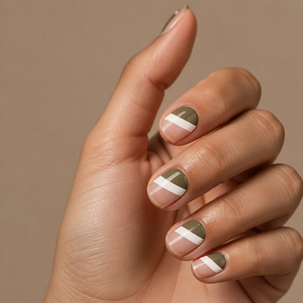 Negative-space design with olive green half-moon and white diagonal band leaving bare natural nail showing
