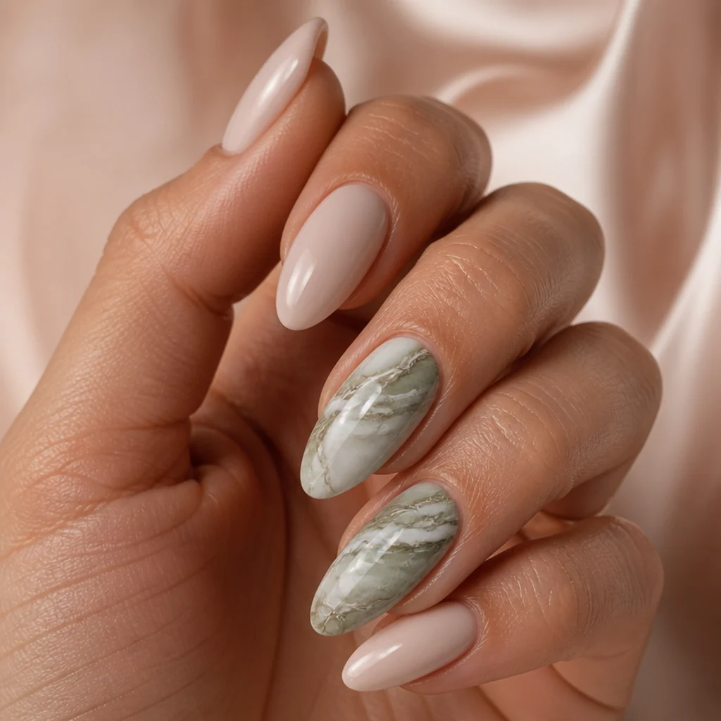 Long nails with olive green and white marble veining on two accent nails, stone-like effect, glossy finish