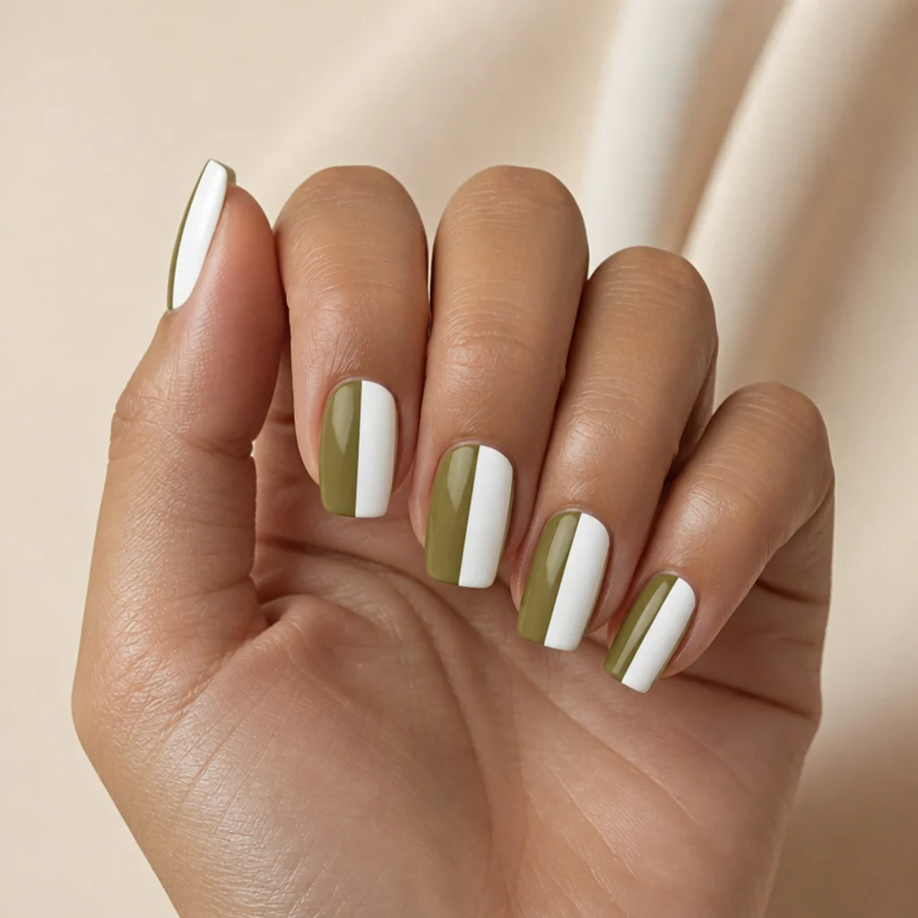 Square nails split half olive green and half white with a clean straight vertical divide, glossy finish