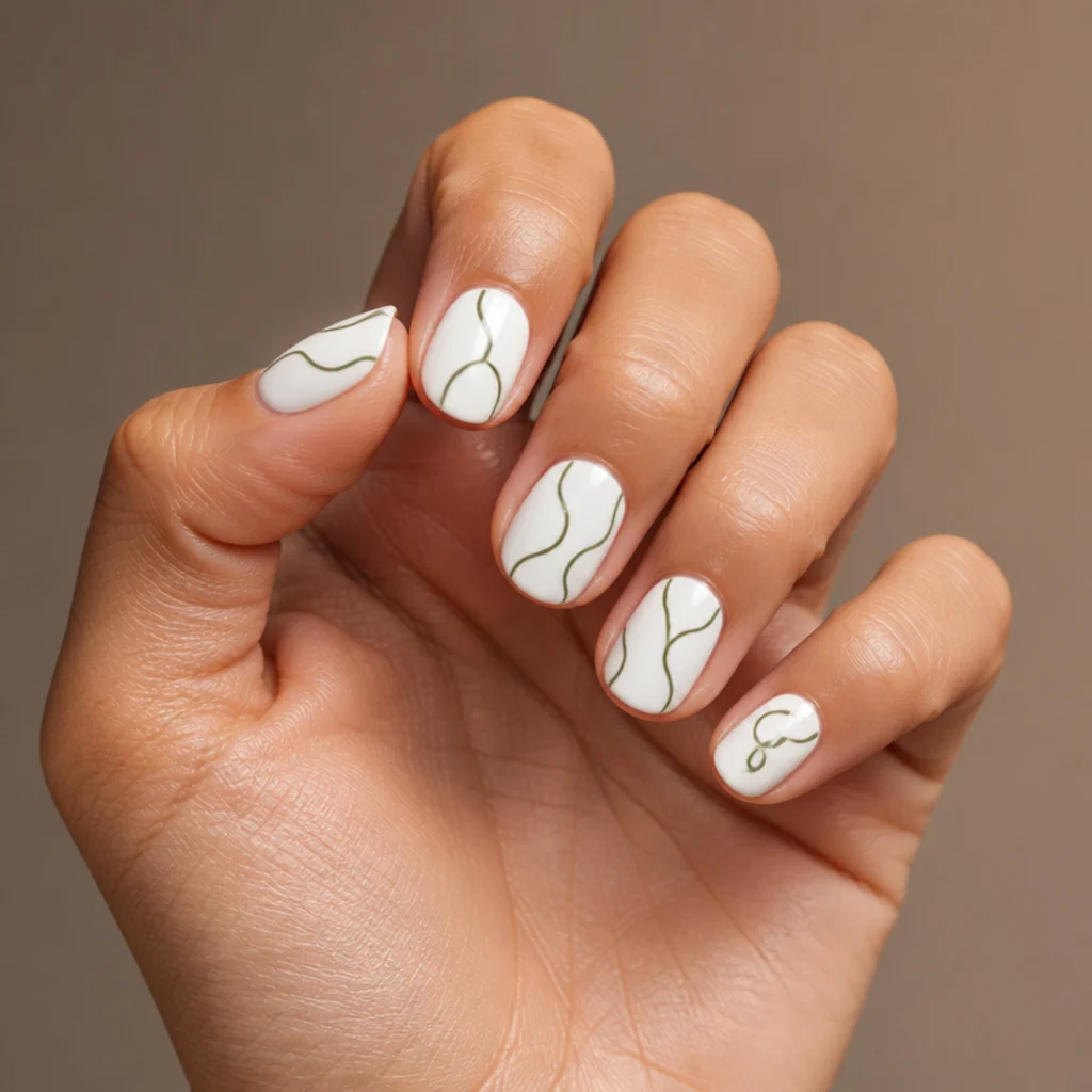Short nails with a bright white base and thin loose olive green abstract line art, minimal and airy