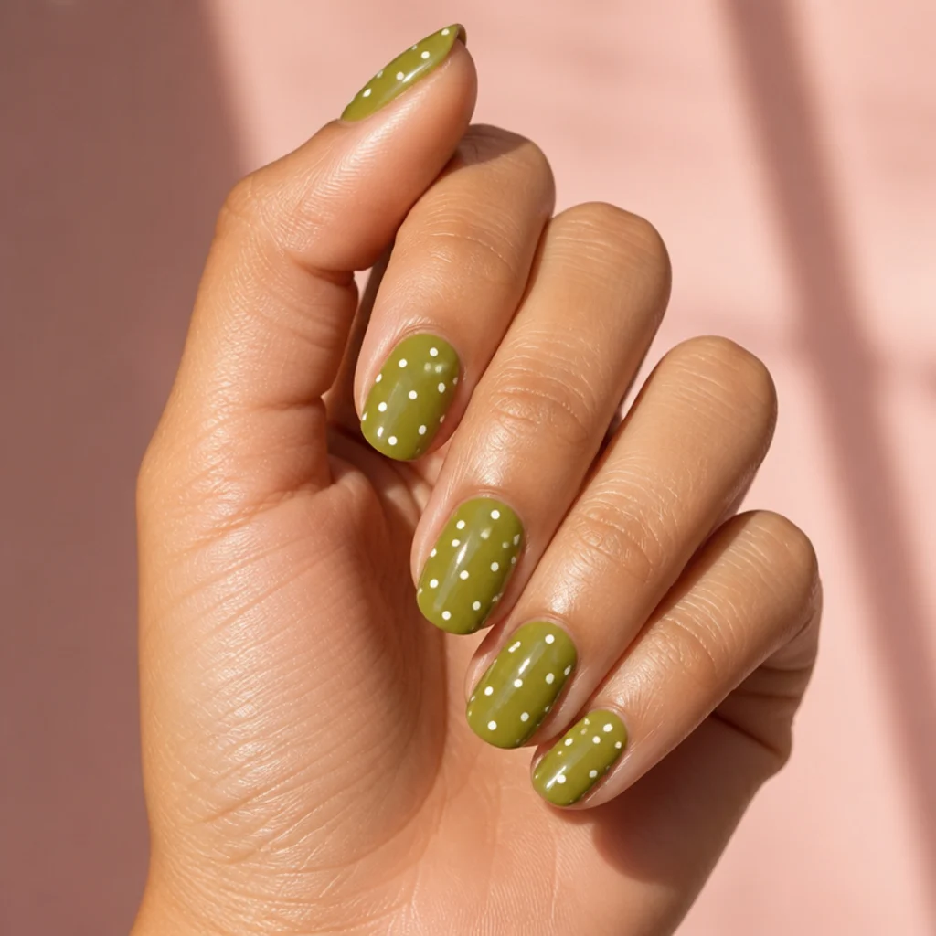 Olive green nails with evenly spaced white polka dots, retro-sweet design, glossy finish, close macro