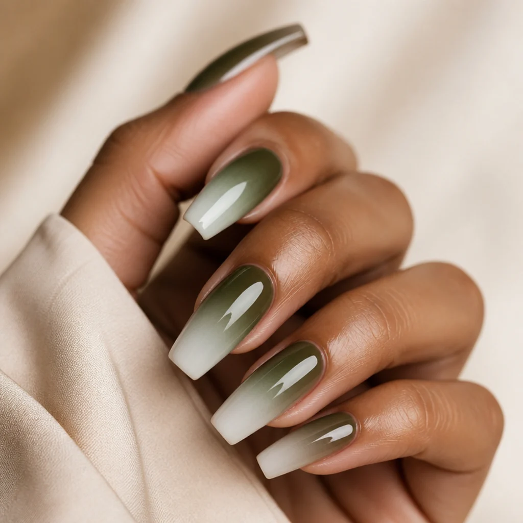 Long dark olive green coffin nails fading into a soft white ombre at the tips, glossy finish