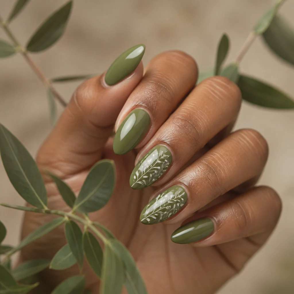 Olive green nails with fine white hand-painted leaf and vine sprigs on two accent nails, botanical detail