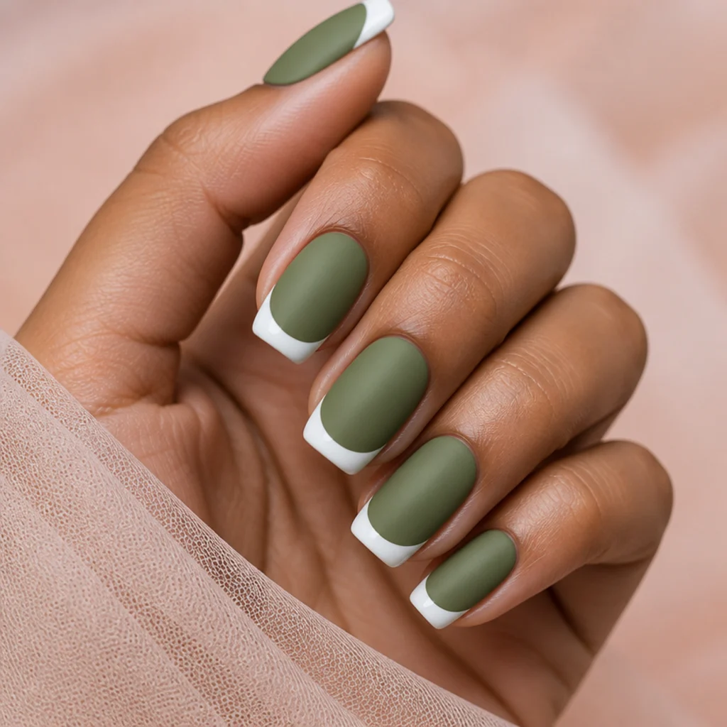 Velvety matte olive green nails with high-gloss white tips, subtle finish contrast, editorial macro