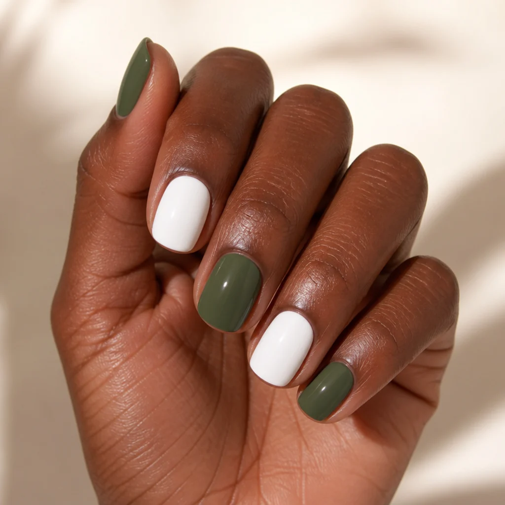 Short squoval nails alternating solid olive green and solid white, everyday-wearable duo, glossy finish