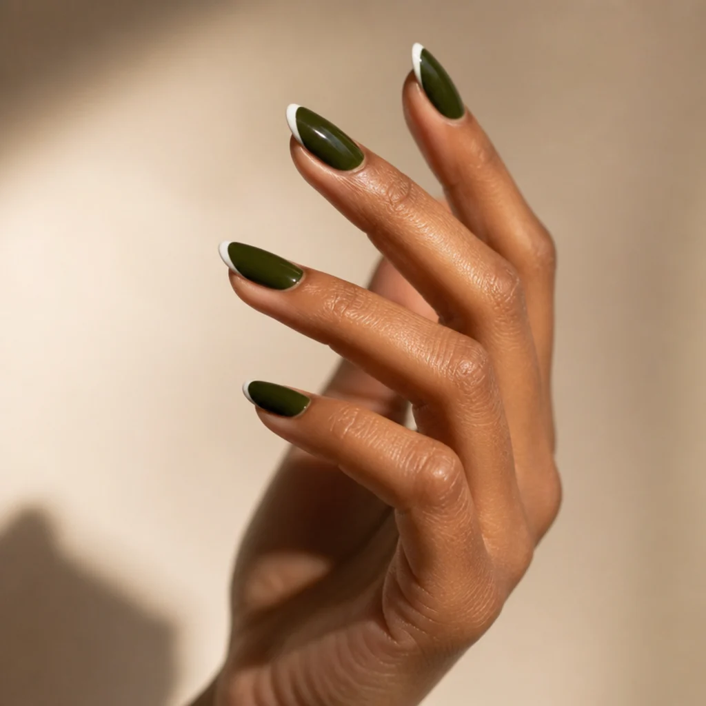 Close-up of almond nails in dark olive green paired with crisp white tips on a warm ivory background
