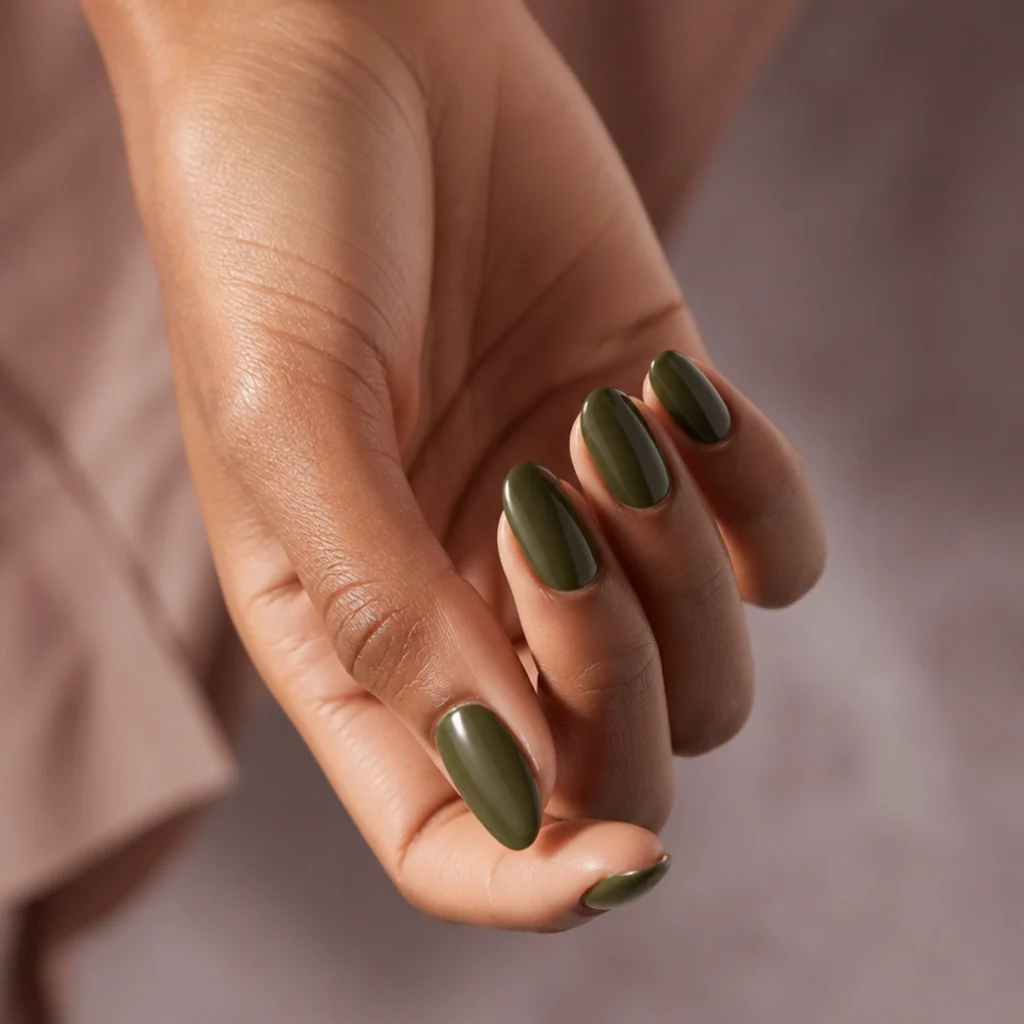 Slender almond nails in glossy dark olive green polish held against a taupe backdrop