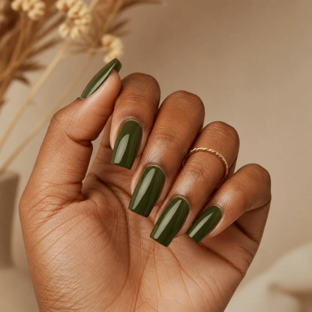 Long squoval olive green acrylic nails with a smooth even finish on warm-toned hands