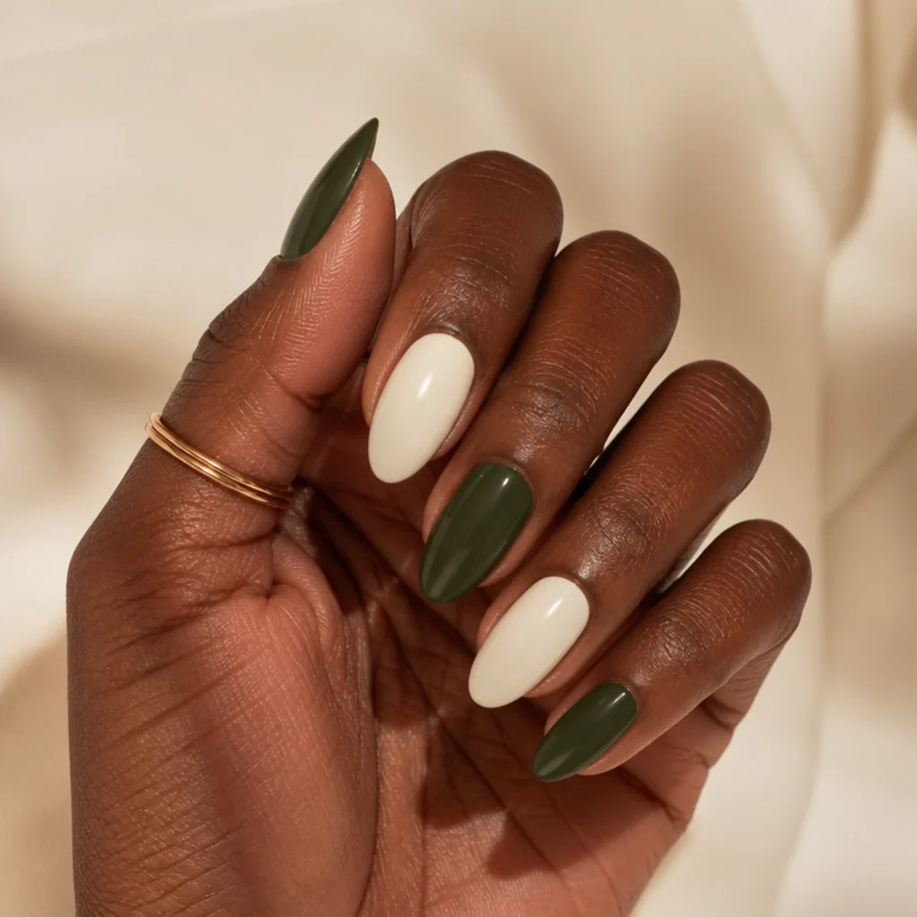 Almond nails alternating dark olive green and creamy white with a clean color block on ivory