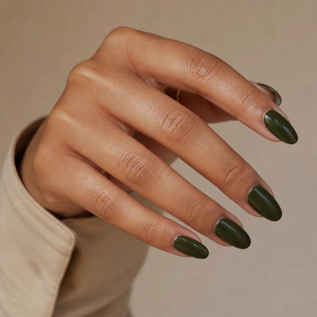 Almond nails painted in dark olive green with clean cuticles on a warm ivory background