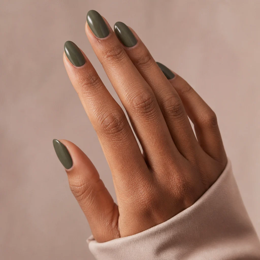 Medium almond nails in a solid grayed dark olive green cream finish on a warm-toned hand