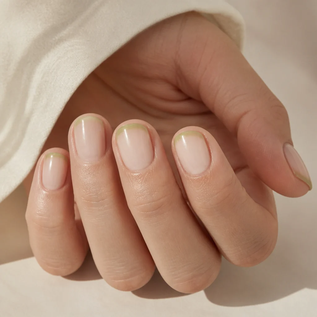 Short round nails with a sheer milky base and soft light olive green French tips for spring