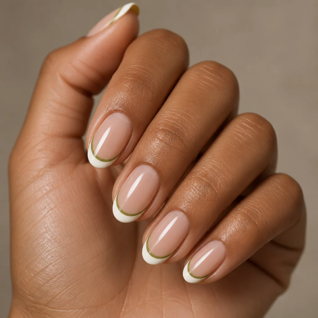 Medium almond nails with a crisp warm-white smile line outlined by a fine olive green border