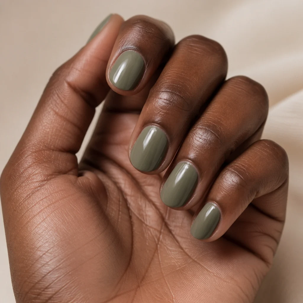 Short round natural nails in a soft sage-olive green cream shade on a deep skin tone