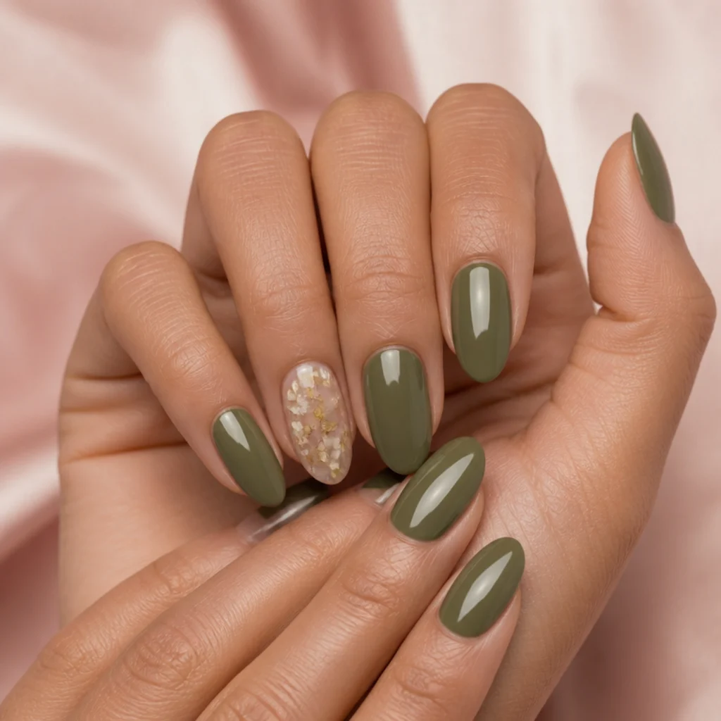 Almond nails in muted olive green with a single dried pressed-flower accent nail sealed under gel