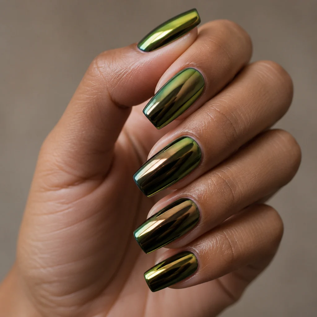 Long coffin nails in a reflective olive green chrome mirror finish catching warm studio light