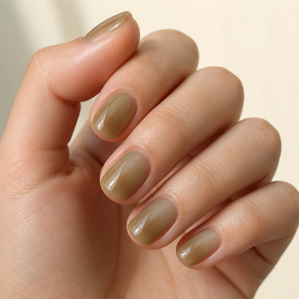Short squoval nails in a translucent stained-glass jelly olive green finish on a light skin tone