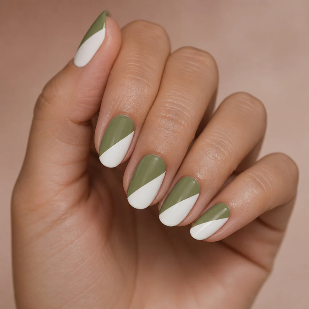 Medium almond nails in a graphic half olive green and half white color-block design with clean edges