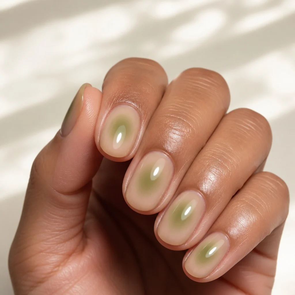 Round nails with a soft glowing light olive green aura halo blush diffused at the center