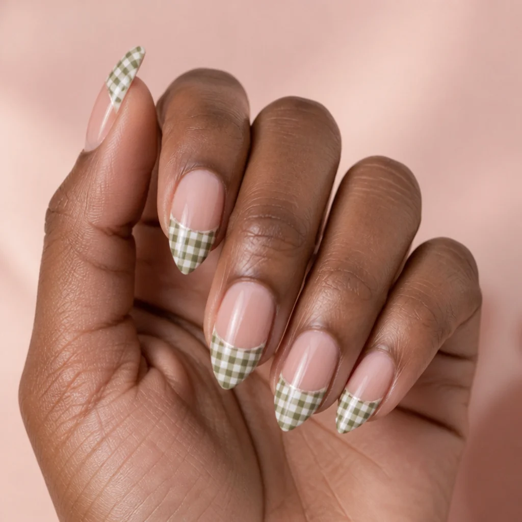 Medium almond nails with a picnic-style olive green and white gingham check pattern across the tips