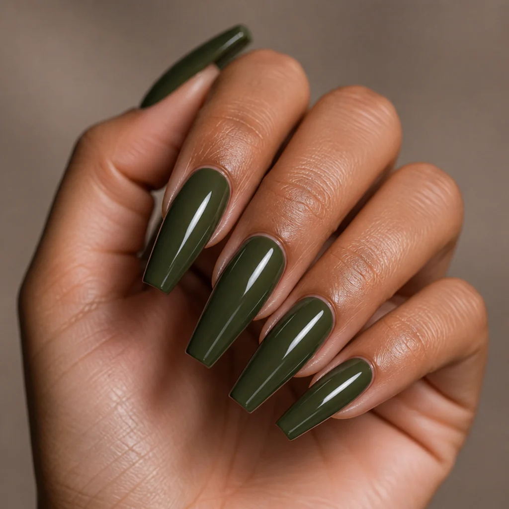 Long coffin acrylic nails in a glossy dark army olive green on a medium skin tone