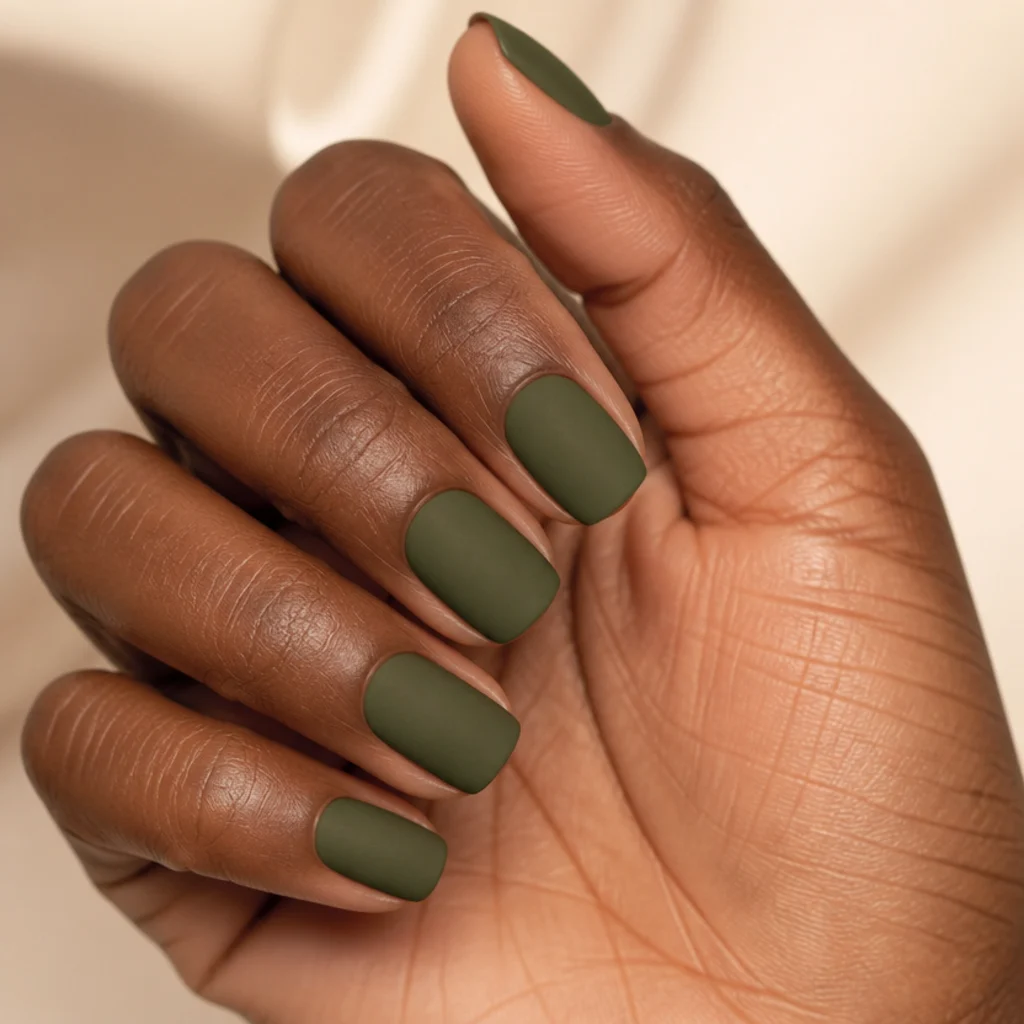 Short squoval nails in a flat matte army olive green suede-like finish on a deep skin tone