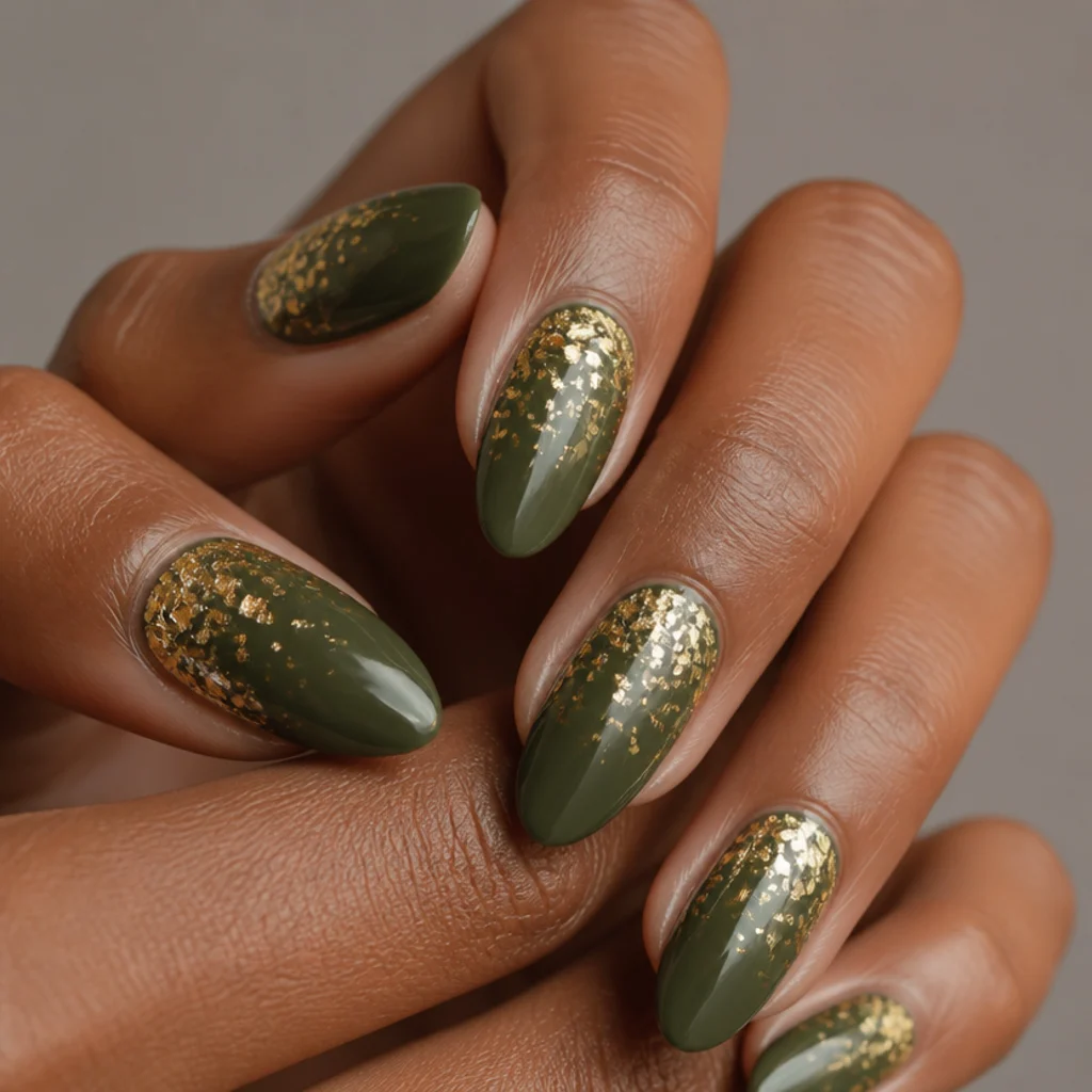 Almond nails in deep olive green with scattered gold leaf foil flecks catching light for autumn